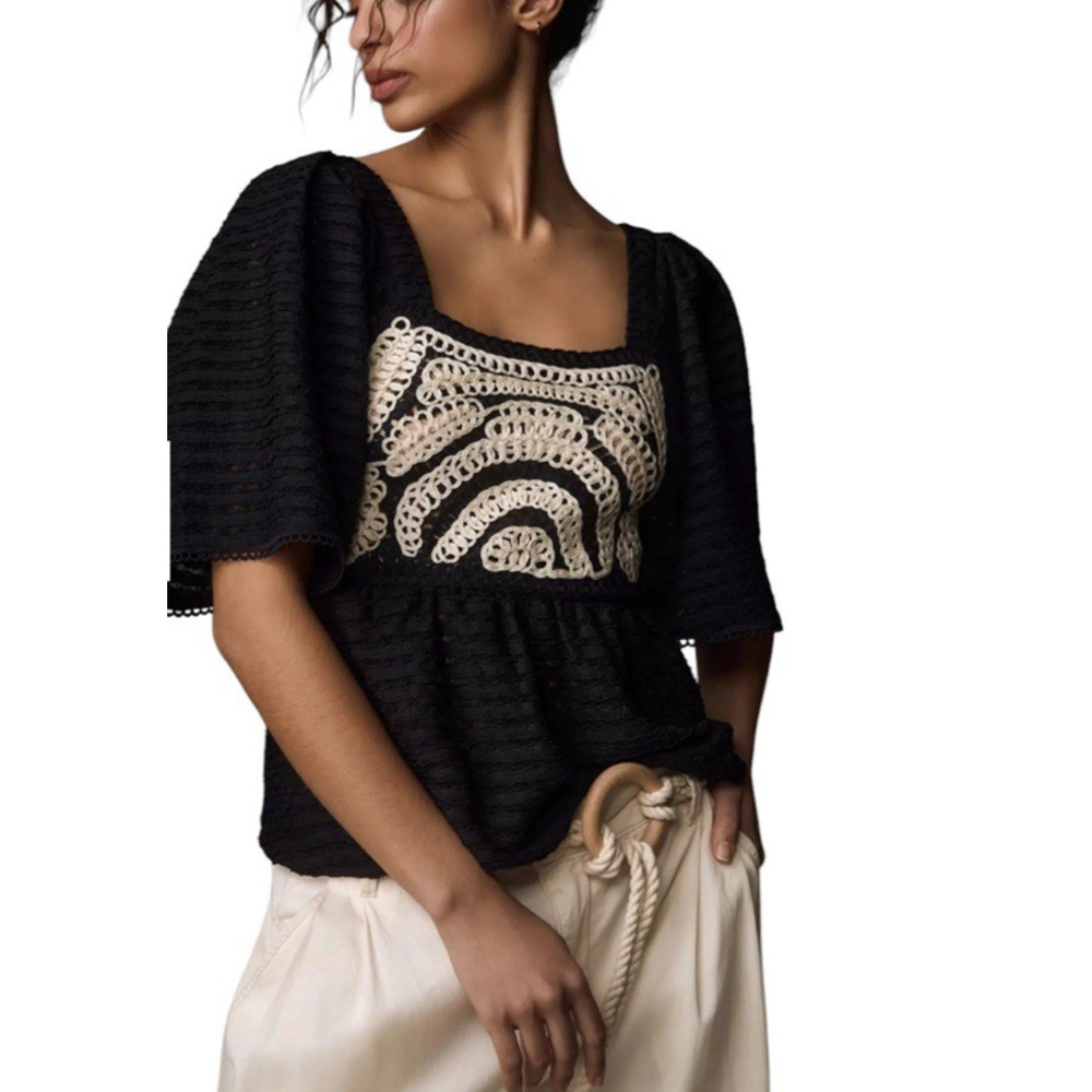 SARAH HANN x ANTHROPOLOGIE Size XL Black Flutter-Sleeve Crochet Babydoll Top NWT